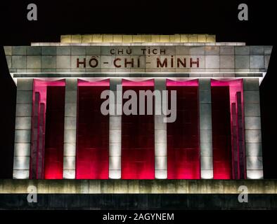 Ho Chi Minh Mausoleum lit up at night, Ba Dinh Square, Hanoi, Vietnam, Asia Stock Photo