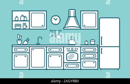 Kitchen set, furniture in linear flat style. Cartoon vector illustration Stock Vector