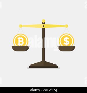 Bitcoin vs dollar vector concept with balance scales. Flat design vector. Stock Vector