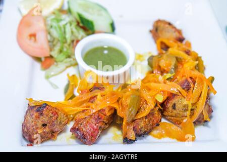 Miami Florida,Biscayne Boulevard,Bengal Modern Indian Cuisine,restaurant restaurants food dining cafe cafes,Boti Kebab,lamb,food,plate,dish,FL10051501 Stock Photo