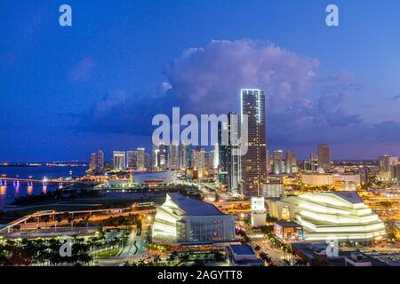 Miami Florida,Biscayne Boulevard,downtown,skyline,Adrienne Arsht Performing Arts Center,opera house,American Airlines Arena,dusk,evening,night evening Stock Photo