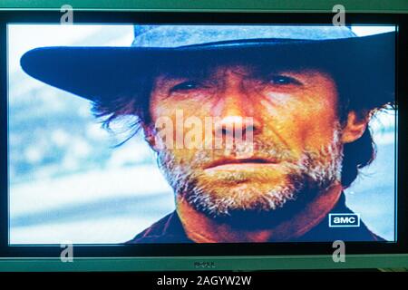 Miami Beach Florida,television,set,TV,flat panel,screen,monitor,cable channel,AMC,Clint Eastwood,visitors travel traveling tour tourist tourism landma Stock Photo