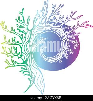 Neon illustration of a tree that spirals in the background of the sun or moon. Stock Vector