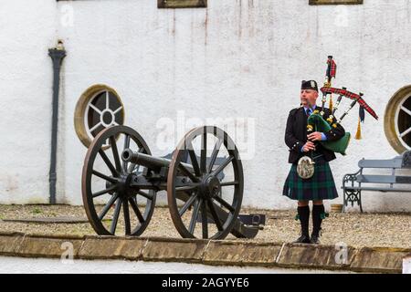Pitlochry Scotland  - September 12 2019: Stuart the piper performing outside of Blair Castle in the Scottish Highlands, Perthshire UK September 12,  2 Stock Photo