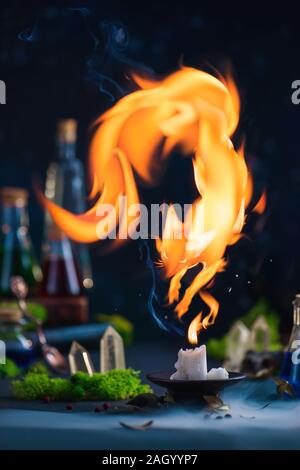 Fire fox figure above candle flame, magical still life with copy space Stock Photo