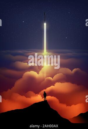 An imagery illustration in vectoring art of a man silhouette standing on the cliff and staring the rocket that flying through the sea of clouds. Stock Vector