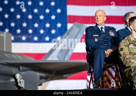 Washington, United States Of America. 20th Dec, 2019. Gen. Jay Raymond looks on as President Donald J. Trump announces Raymond as the first Chief of Space Operations and the first member of the United States Space Force Friday, Dec. 20, 2019, at Hangar 6 at Joint Base Andrews, Md People: Gen. Jay Raymond Credit: Storms Media Group/Alamy Live News Stock Photo