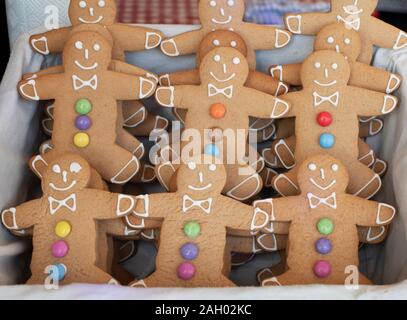 Gingerbread men on a  stall at a victorian christmas market. Stratford Upon Avon, Warwickshire, England Stock Photo