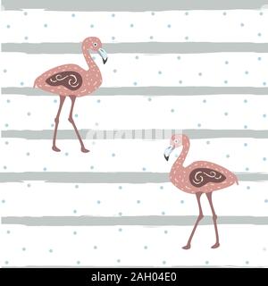 Flamingo Bird Seamless pattern with black stripes and dots. Vector Illustration. Stock Vector