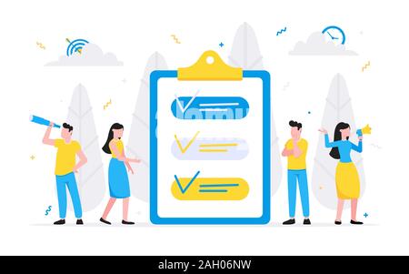Teamwork concept with tiny people characters working together with big target and tiny people characters. Teamwork and time management concept flat st Stock Vector