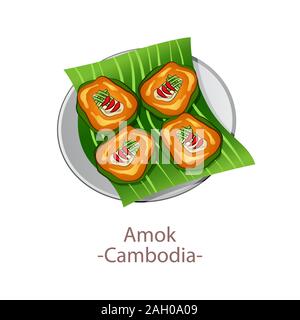 top view of popular food of ASEAN national,Amok,in cartoon vector design Stock Vector