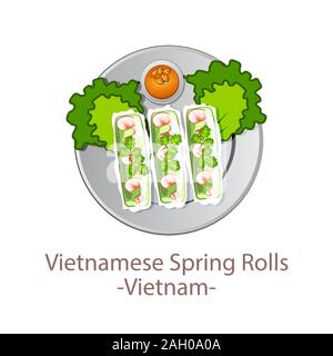 top view of popular food of ASEAN national,Vietnamese Spring Rolls,in cartoon vector design Stock Vector