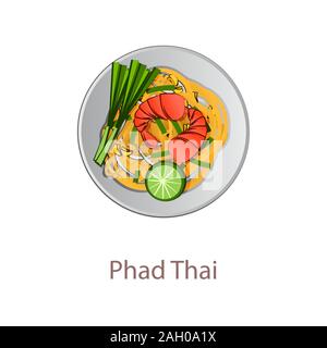 top view of popular food of Thailand,Pad Thai,in cartoon vector design Stock Vector
