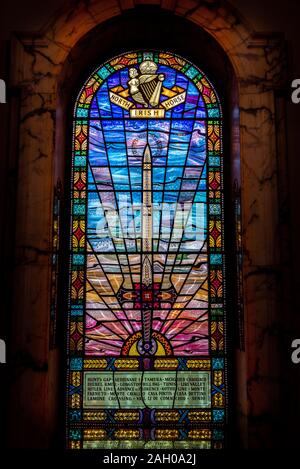 BELFAST, NORTHERN IRELAND, DECEMBER 19, 2018: Detail of stained glass window from inside of Belfast City Hall, showing a beautiful and colorful Stock Photo