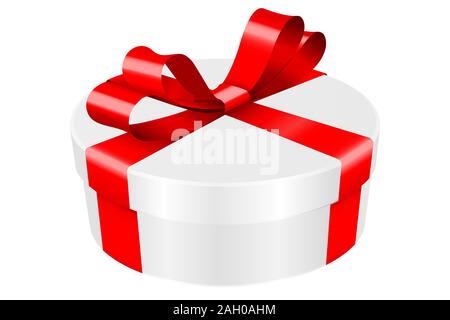 Gift box decorated with shiny red ribbon. Round box Stock Vector