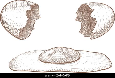 Fried egg and broken shell. Hand drawn sketch. Vector illustration. Stock Vector
