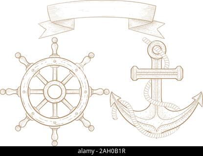 Anchor and boat steering wheel. Hand drawn sketch. Vector illustration isolated on white background. Stock Vector