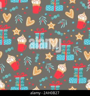Abstract winter seamless background with holiday's items . Huge pattern with sweets Stock Vector