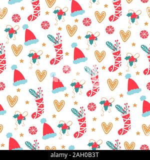 Seamless Christmas pattern . Vector background with holiday's items Stock Vector