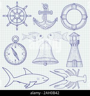 Nautical symbols. Collection of hand drawn doodles. On notebook sheet background. Vector illustration. Stock Vector
