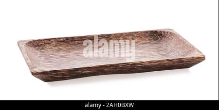 Rectangular empty wooden plate isolated on white background. The dish is brown. Stacked photo Stock Photo