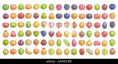 Vector set of fresh Fruits, 90 cut out illustration of organic fruits and berries, group of colorful design stickers for drinks and ice cream dessert, Stock Vector