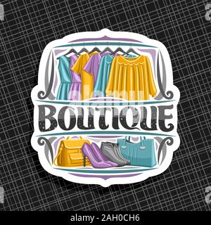 Vector logo for Boutique, cut paper label with illustration of women's dresses hanging on rack in a row, original brush typeface for word boutique, si Stock Vector