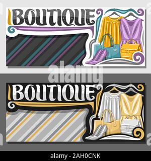 Vector layouts for Boutique with copy space, illustration of 2 colorful women's dresses hanging on hangers, decorative brush typeface for word boutiqu Stock Vector