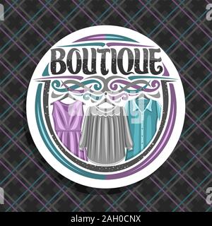 Vector logo for Boutique, white label with illustration of 3 colorful women's dresses, original brush lettering for word boutique and design elements, Stock Vector