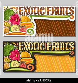 Vector layouts for Exotic Fruits with copy space, horizontal banners with illustration of heap various fruits, sign board with original brush letterin Stock Vector