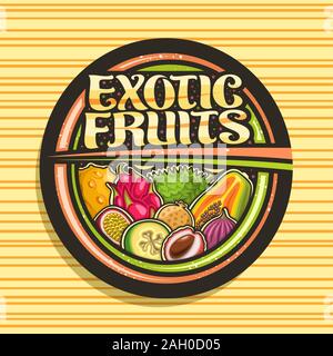 Vector logo for Exotic Fruits, black decorative icon with illustration of group variety healthy fruits, design signboard with original brush lettering Stock Vector