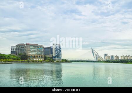 Beautiful Lake view of Seri Wawasan Bridge in Putrajaya, Malaysia. Stock Photo