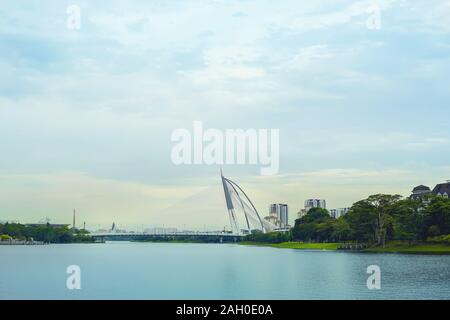 Beautiful Lake view of Seri Wawasan Bridge in Putrajaya, Malaysia. Stock Photo