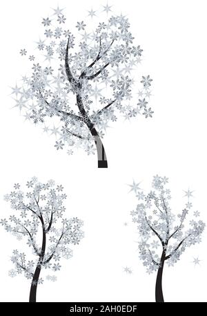 Decorative winter trees set with snowflake leaves. Stock Vector