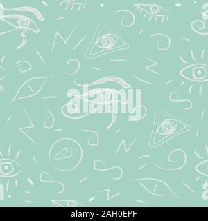 Seamless Pattern with Eyes. Hand Drawn, whimsical style. Third Eye Seamless pattern. Yellow, blue and black colors. Seamless Pattern. Psychedelic eyes Stock Vector