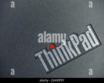 Bucharest - October 29 2019: Lenovo Thinkpad logo from a new generation X1 Carbon laptop Stock Photo