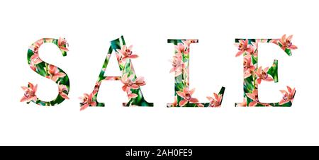 Sale. Text from orchids. Cut paper with real tropical flowers in the form of a font, for a seasonal promotion. Stock Photo