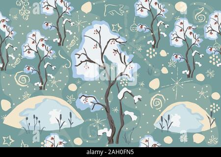 Seamless Winter pattern with merry Christmas tree, berry tree covered with snow and snowdrifts. Repeating winter pattern. Vector Illustration Stock Vector