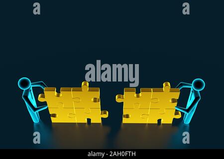 3d man, small person inserting last part of a puzzle. Business concept. 3d rendering Stock Photo
