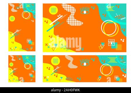 Memphis style design of different standard sizes template background set. Web banner, cover with trendy geometric patterns, memphis elements. Vector Stock Vector