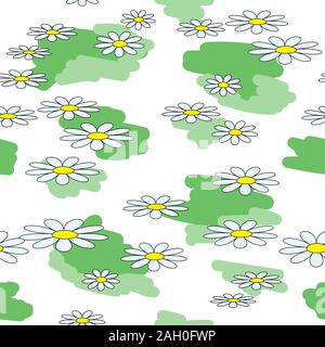 Daisy flower seamless pattern. Cartoon flat  floral style simple flowers motif. Seamless pattern with chamomile. For printing , fabric, textile design Stock Vector
