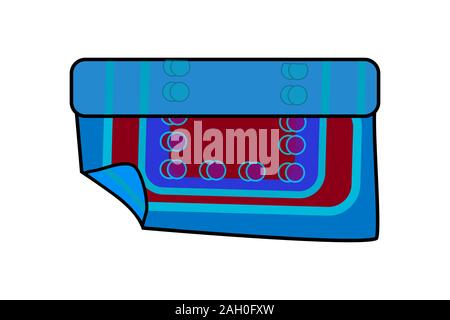 Carpet icon isolated on white background. Cartoon flat roll carpet, blue color with circles pattern. Rug from the front view for room floor. Vector Stock Vector