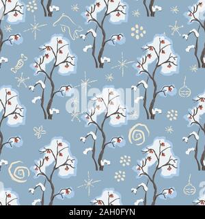 Seamless Pattern with hand drawn bushes with berries. Winter/Merry Christmas Themes. Repeating winter tree pattern. Vector Illustration Stock Vector