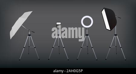 Soft box and umbrella reflectors, flash and circular speed light. Dark background. Photo flash equipment. Vector illustration. Spotlight softbox. Stock Vector