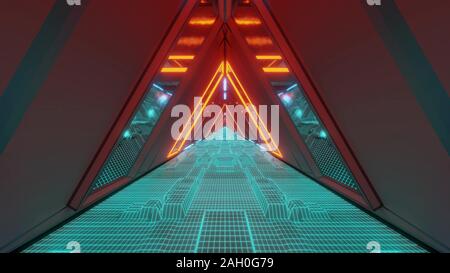 technical scifi space warship tunnel corridor with glowing wireframe bottom an glass windows 3d illustration wallpaper background graphic design Stock Photo