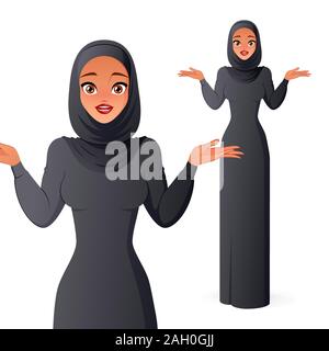 Questioning young beautiful Muslim woman in hijab shrugging shoulders. Vector illustration isolated on white background. Stock Vector
