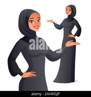 Beautiful traditional dressed Arab muslim woman in hijab presenting. Vector illustration isolated on white background. Stock Vector