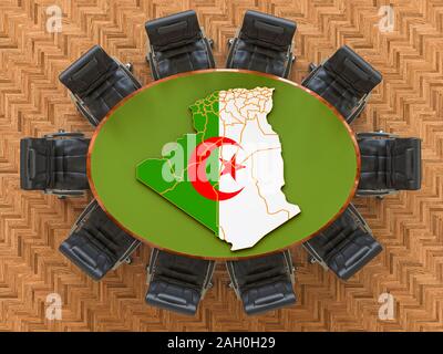 Algiers goverment meeting. Map of Algeria on the round table, 3D rendering Stock Photo