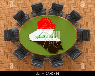 Iraqi goverment meeting. Map of Iraq on the round table, 3D rendering Stock Photo