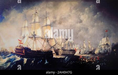 Battle of Cape St Vincent, 1797. Pelayo ship comes to the aid of the Santísima Trinidad. Painted by Antonio de Brugada Vila. Museo Naval de Madrid, Sp Stock Photo